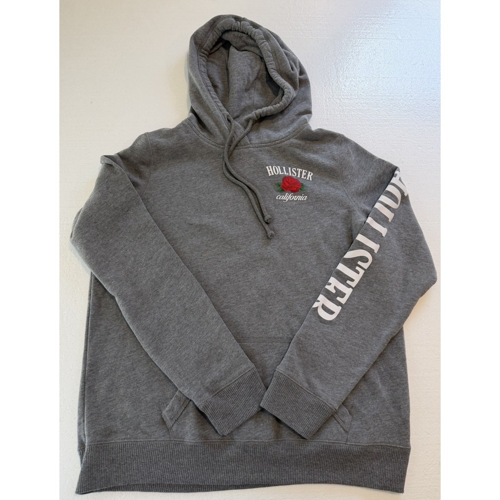 Gray HOLLISTER Hoodie Sweatshirt w/ Red Rose Size Large Super Soft